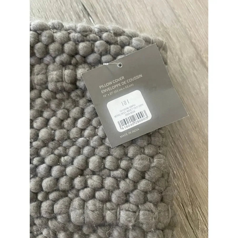 New Restoration Hardware Graphite Grey Merino Wool Abstract Lumbar Pillow Cover